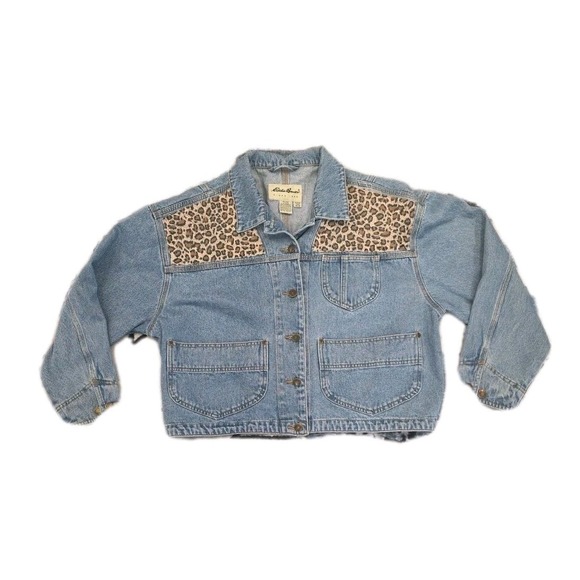Eddie Bauer Jean Jacket Women's Medium Lepord  Denim Trucker Western Cropped - Picture 1 of 10